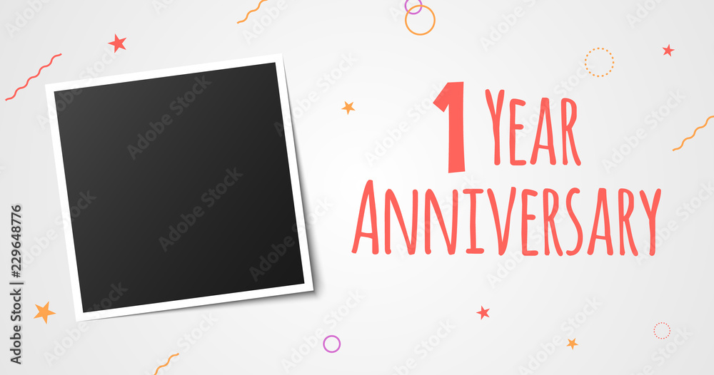 1 year anniversary photo frame card. 1 year anniversary vector elegant template design - obrazy, fototapety, plakaty 