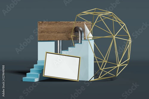 Blank poster on multicolored geometric figures background. 3d rendering.