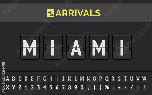 Vector airport flip board showing flight arrival destination in USA Miami