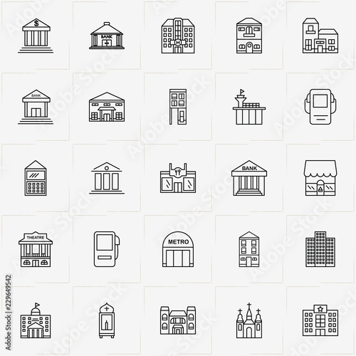 City Building line icon set with municipality house , petrol station and hospital