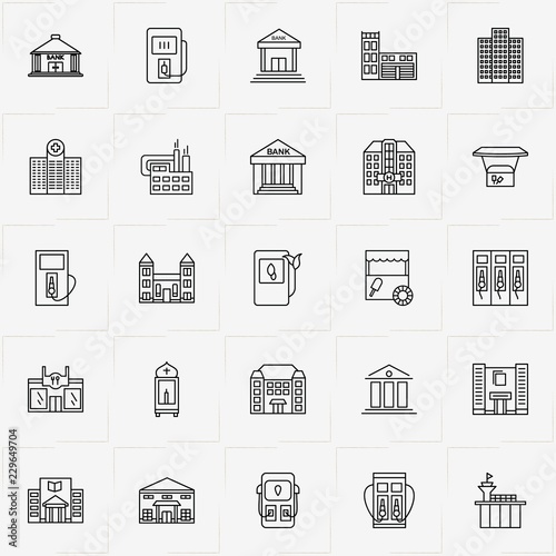 City Building line icon set with factory , church  and stall