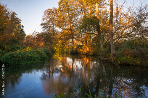 Fototapeta Naklejka Na Ścianę i Meble -  Rzeka Rawka, Jesienny świt nad rzeką