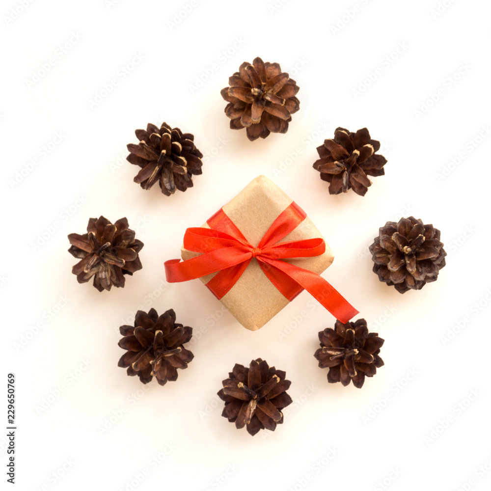 A gift packed in craft paper surrounded by pinecones. Objects on the white background. Geometric minimalistic composition.