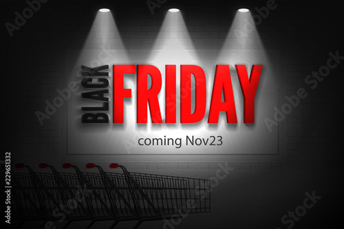Shop discounts black friday sale red vector banner in spotlights.