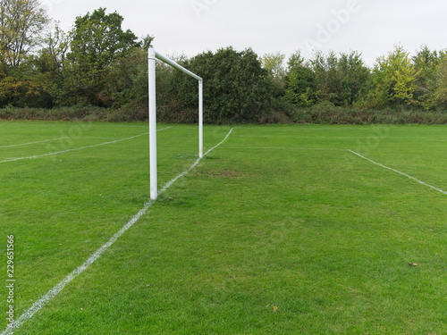 Green grass football / soccer field with goal post.
