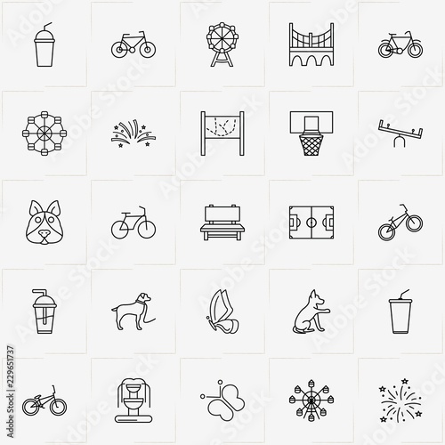 City Park line icon set with butterfly, garden board  and ferris wheel