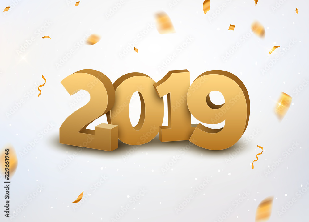 New Year 2019 3d golden numbers background with confetti. 2019 holiday celebration card golden confetti on white New Year 2019 3d golden numbers background with confetti. 2019 holiday celebration card golden confetti on white