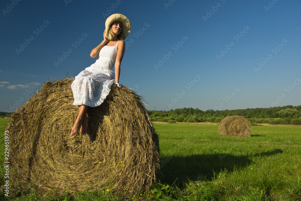 beautiful young girl at a haystack in a summer field beautiful young girl at a haystack in a summer field