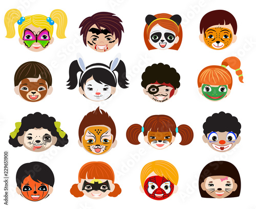 Face paint kids vector children portrait with facial painted makeup and girl boy character illustration set of animalistic facepaint cat dog and pirate for halloween party isolated on white background