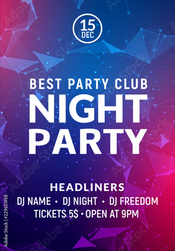 Night dance party music night poster template. Electro style concert disco club party event flyer invitation