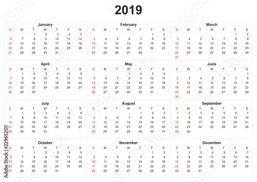 2019 calendar with white background.