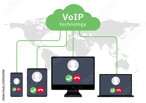 VoIP voice over IP illustration smartphone laptop network. Voip call flat concept design