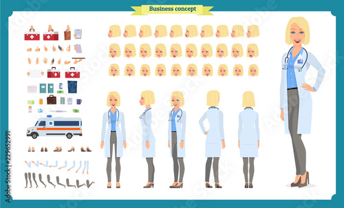 Female doctor character creation set.Front, side, back view animated character.Doctor character creation set with various views,Face emotions, poses, gestures.