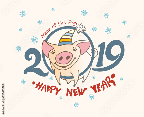 Cute greeting card with a pretty pig in the circle of numbers 2019. Christmas decor blue snowflakes. Happy New Year  Vector New Year s design. 