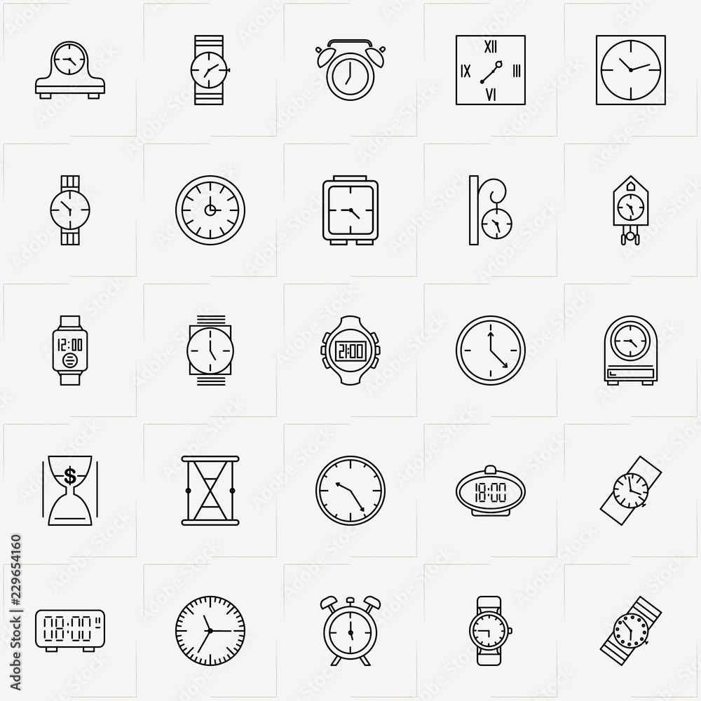 Clock line icon set with retro table watch , electronic watch and wall watch
