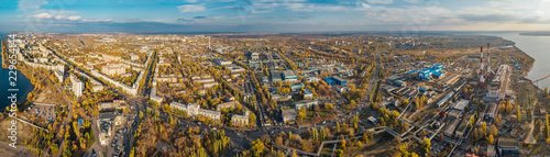 Panoramic aerial view Voronezh from height of aircraft flight. Left bank district in autumn