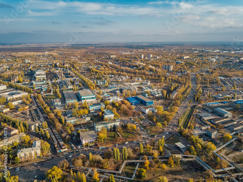 Aerial view Voronezh from height of aircraft flight. Voronezh synthetic rubber plant district in autumn