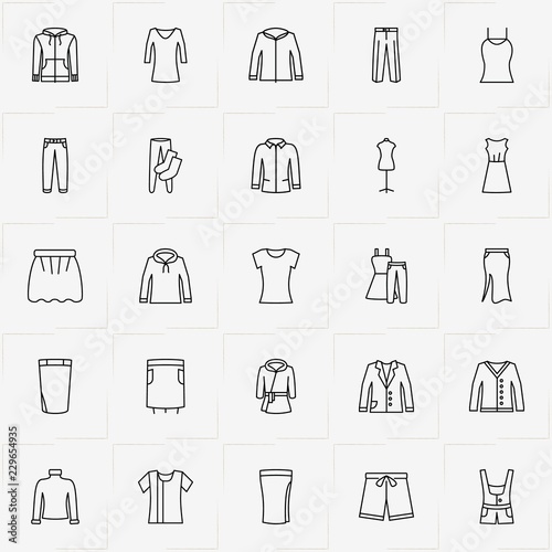 Clothes line icon set with overalls , dress and blazer