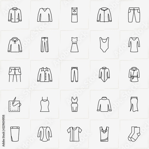 Clothes line icon set with pullover  swimsuit  and trousers