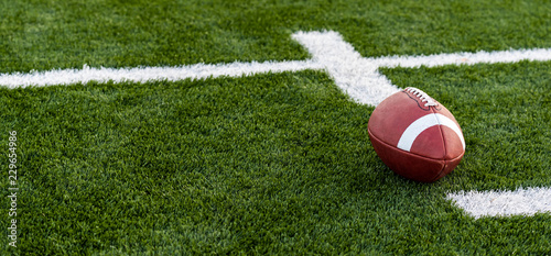 A brown leather american football on a green playing field
