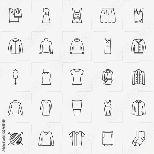 Clothes line icon set with coat, overalls  and pullover