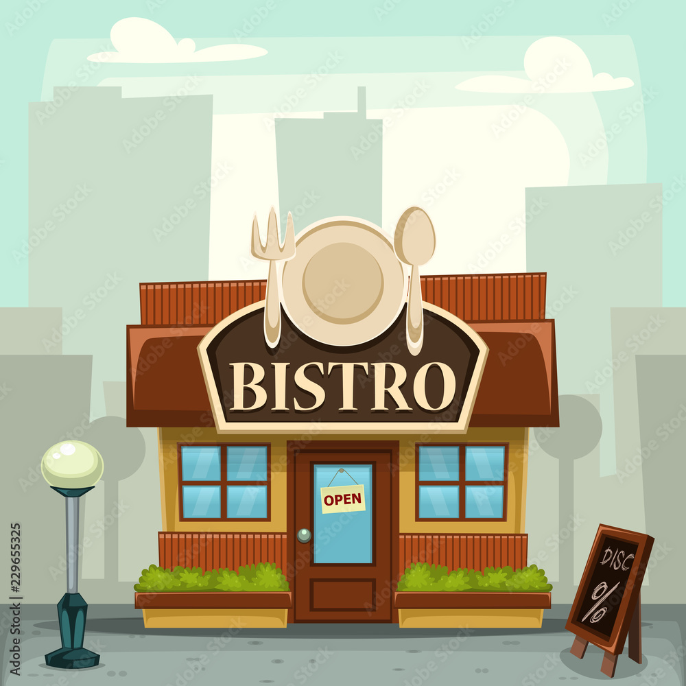 vector cartoon bistro restaurant building with menu board illustration  background Stock Vector | Adobe Stock