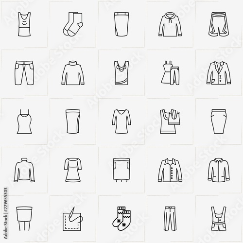 Clothes line icon set with dress, skirt and lady shirt