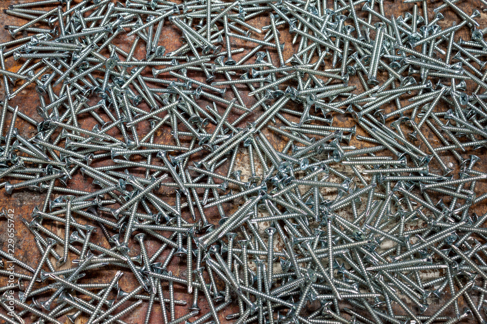 Cross head screws spread out on a workbench Cross head screws spread out on a workbench