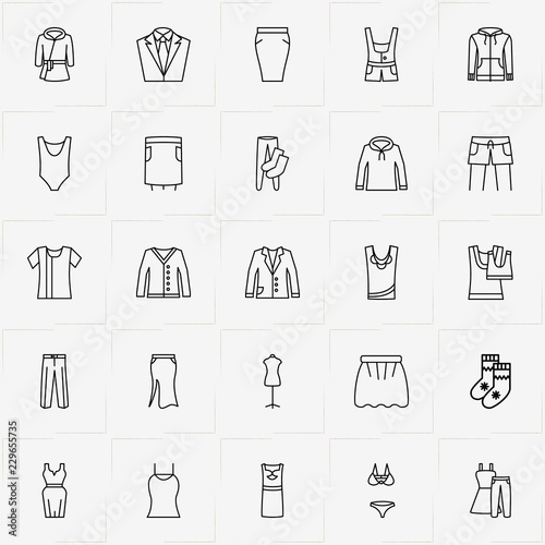 Clothes line icon set with dress  shorts and swimsuit