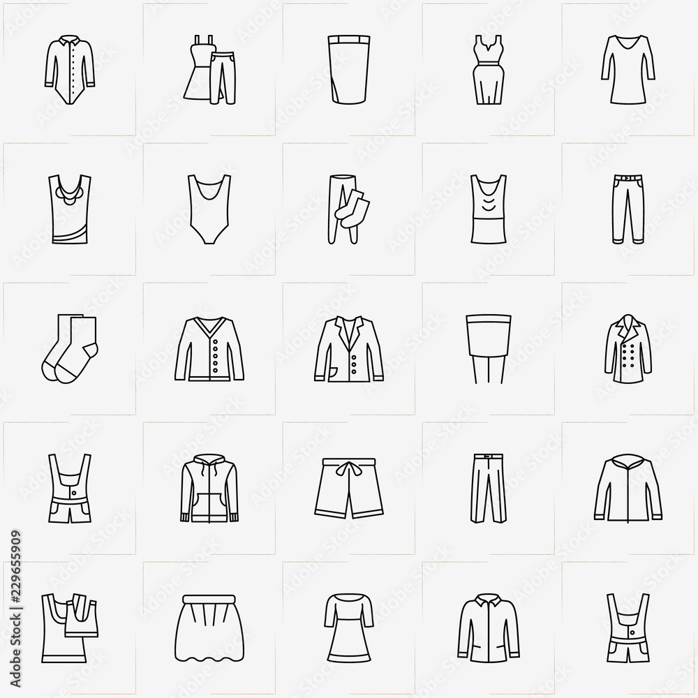 Clothes line icon set with coat, shorts and dress Clothes line icon set with coat, shorts and dress