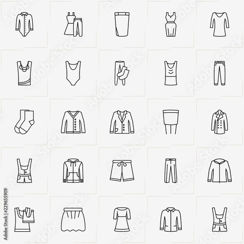 Clothes line icon set with coat  shorts and dress