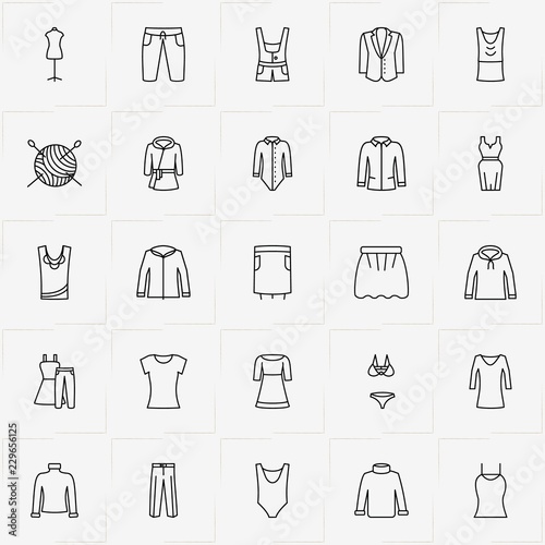 Clothes line icon set with overalls , jacket and sewing hank
