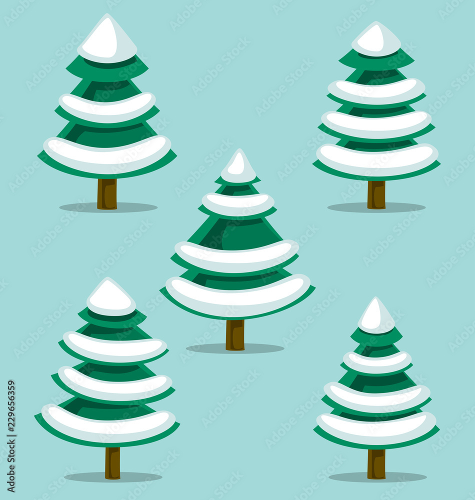 Obraz premium vector cartoon doodle isolated pine tree snow template collection set