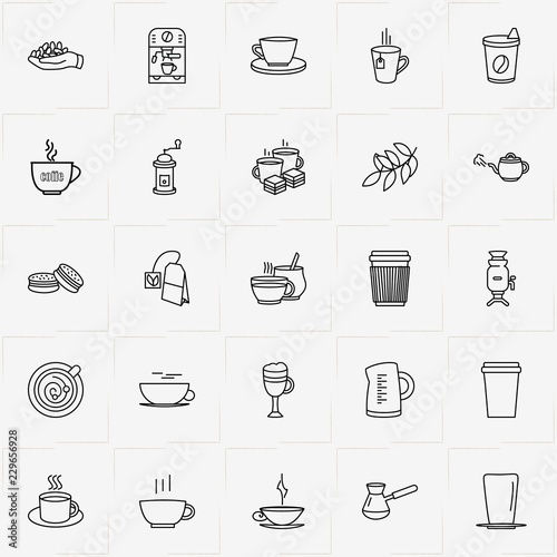 Coffee & Tea line icon set with tea leaf, samovar and cup of tea