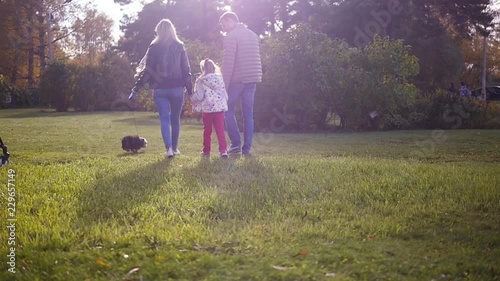A happy family is walking on the green grass. Healthy mother, father, daughter and dog enjoying nature together, outdoors. Sunset Slow Motion 240 frames per second high-speed camera, Full HD 1080p