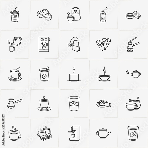 Coffee & Tea line icon set with cup of tea, coffee machine  and cookies
