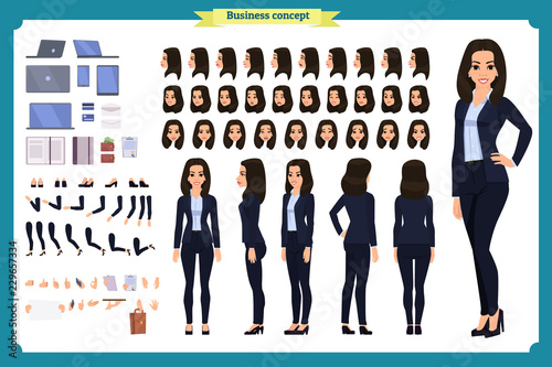 Set of Businesswoman character design.Front, side, back view animated character.Business girl character creation set with various views, poses and gestures. flat vector isolated