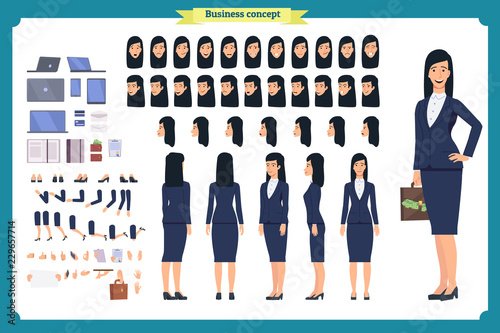 Set of Businesswoman character design.Front, side, back view animated character.Business girl character creation set with various views, poses and gestures