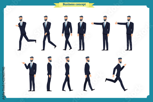Collection set of Walking and running businessman. Walk  run  active dislike  like. Variety of movements. Flat Character man cartoon style 