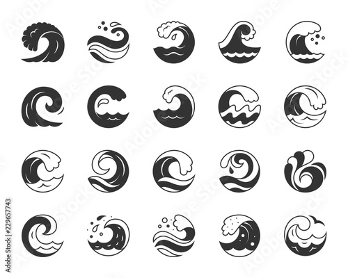 Water wave black silhouette icons vector set