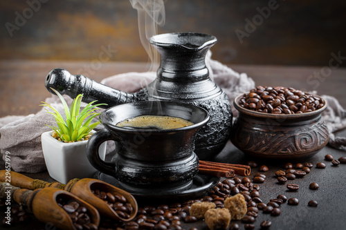 Black coffee on old background