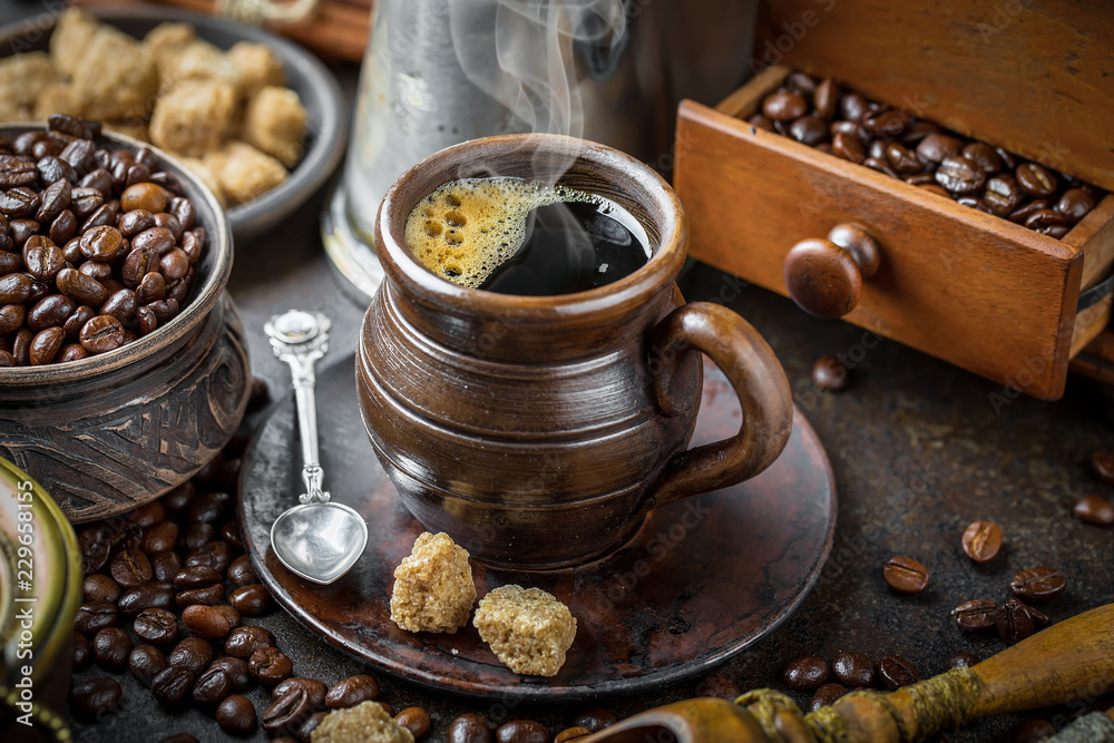 Black coffee on old background Black coffee on old background