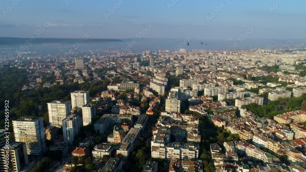 Bulgaria. City. Sunrise. Aerials. 4k. Drone