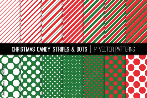 Christmas Candy Cane Stripes and Polka Dots Vector Patterns. Red Green White Xmas Theme Backgrounds. Prints for Wrapping Paper or Card-making. Repeating Pattern Tile Swatches Included. 
