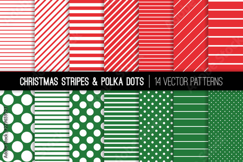 Christmas Candy Cane Stripes and Polka Dots Vector Patterns. Red Green White Xmas Theme Backgrounds. Diagonal and Horizontal Lines. Variable Size Dots. Repeating Pattern Tile Swatches Included.