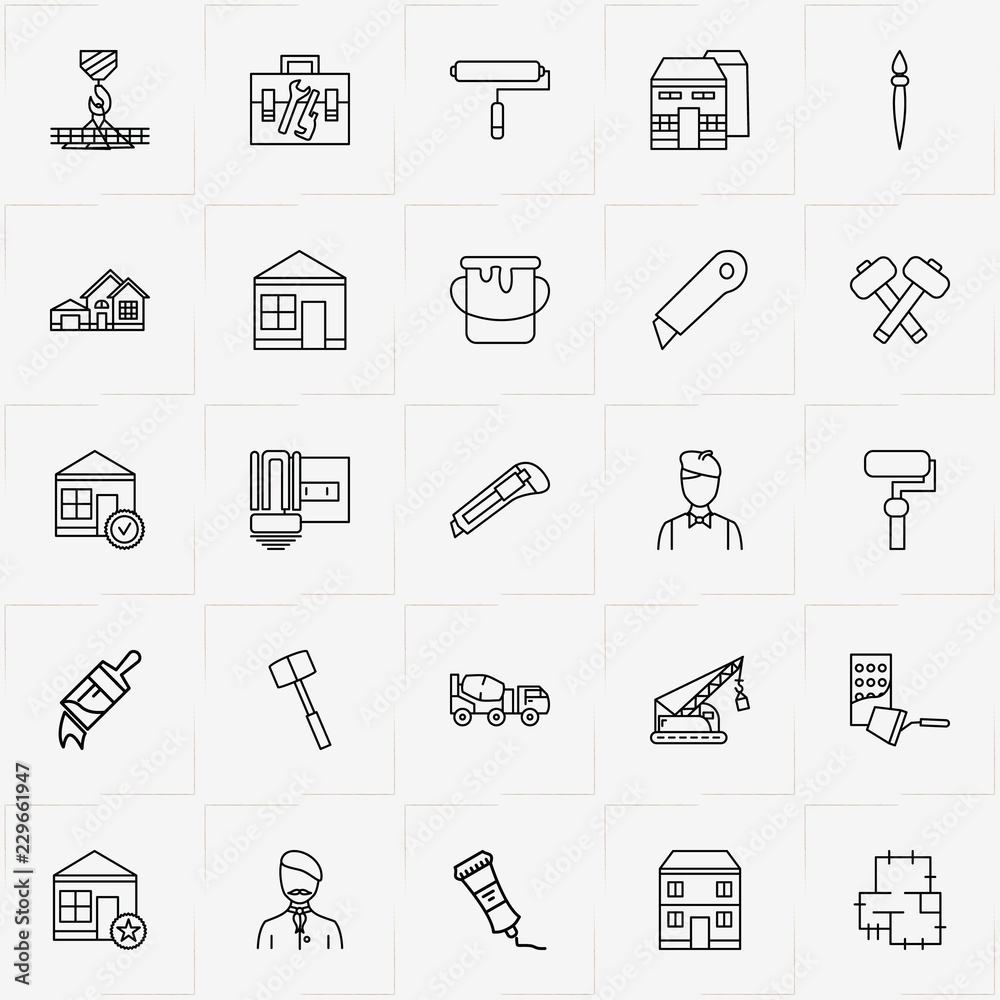 Fototapeta premium Construction line icon set with house plan , house and painter