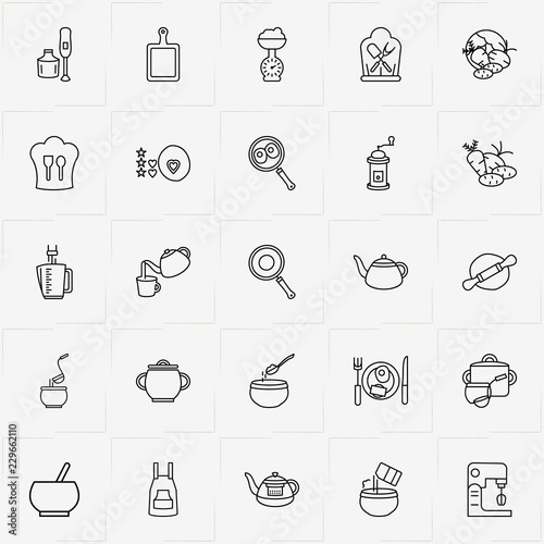 Cooking line icon set with frying pan , vegetables and omelette on plate