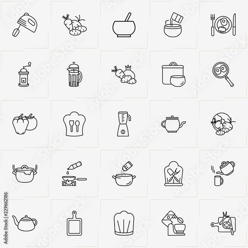 Cooking line icon set with vegetables, cutting board  and omelette on plate