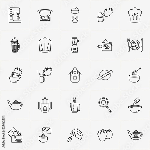 Cooking line icon set with omelette on plate, cutting board  and rolling pin