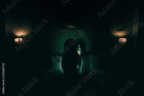 double exposure of ghost woman in haunted hotel with dark filter, halloween concept